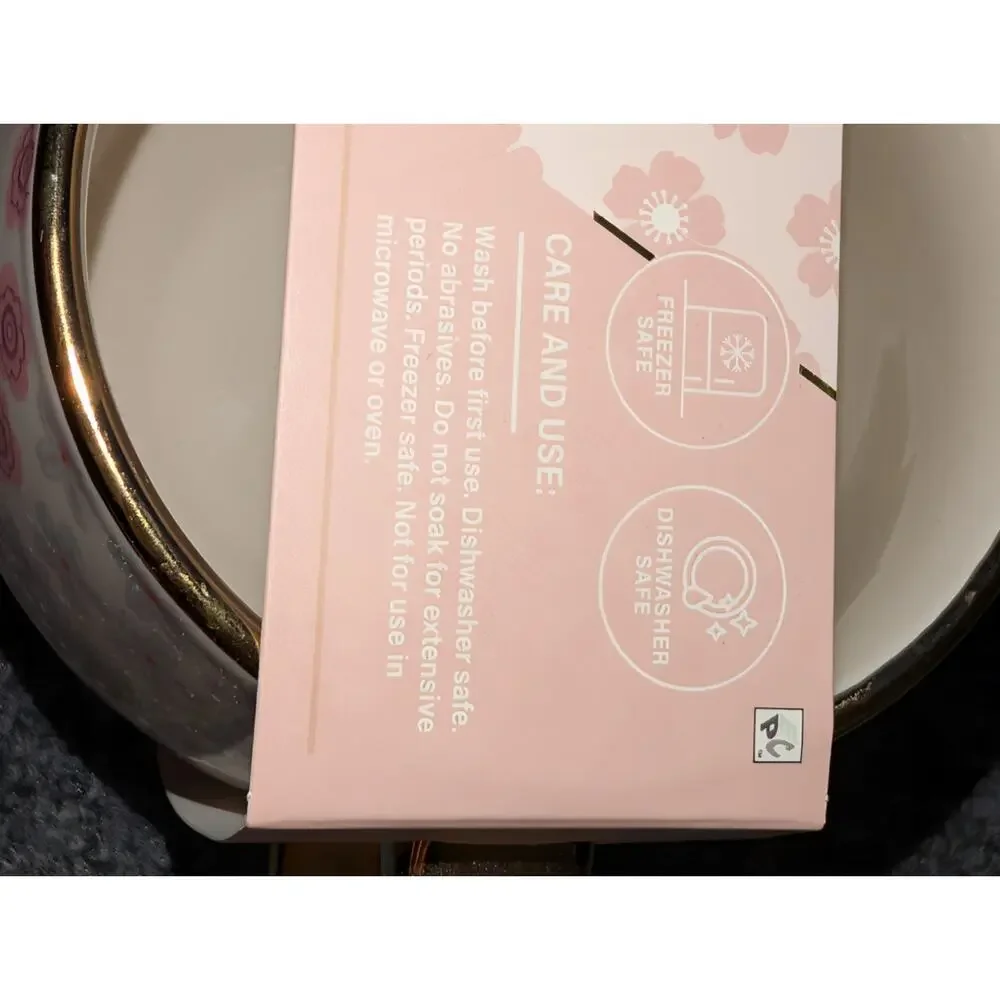 NWT Thyme & Table Pink Floral Ceramic 18 oz. Gold Trim Coffee Tea Mug